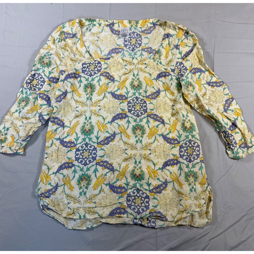 Lands End Womens Small 100% Linen Floral‎ Medallion Tunic Top 3/4 Sleeve Yellow